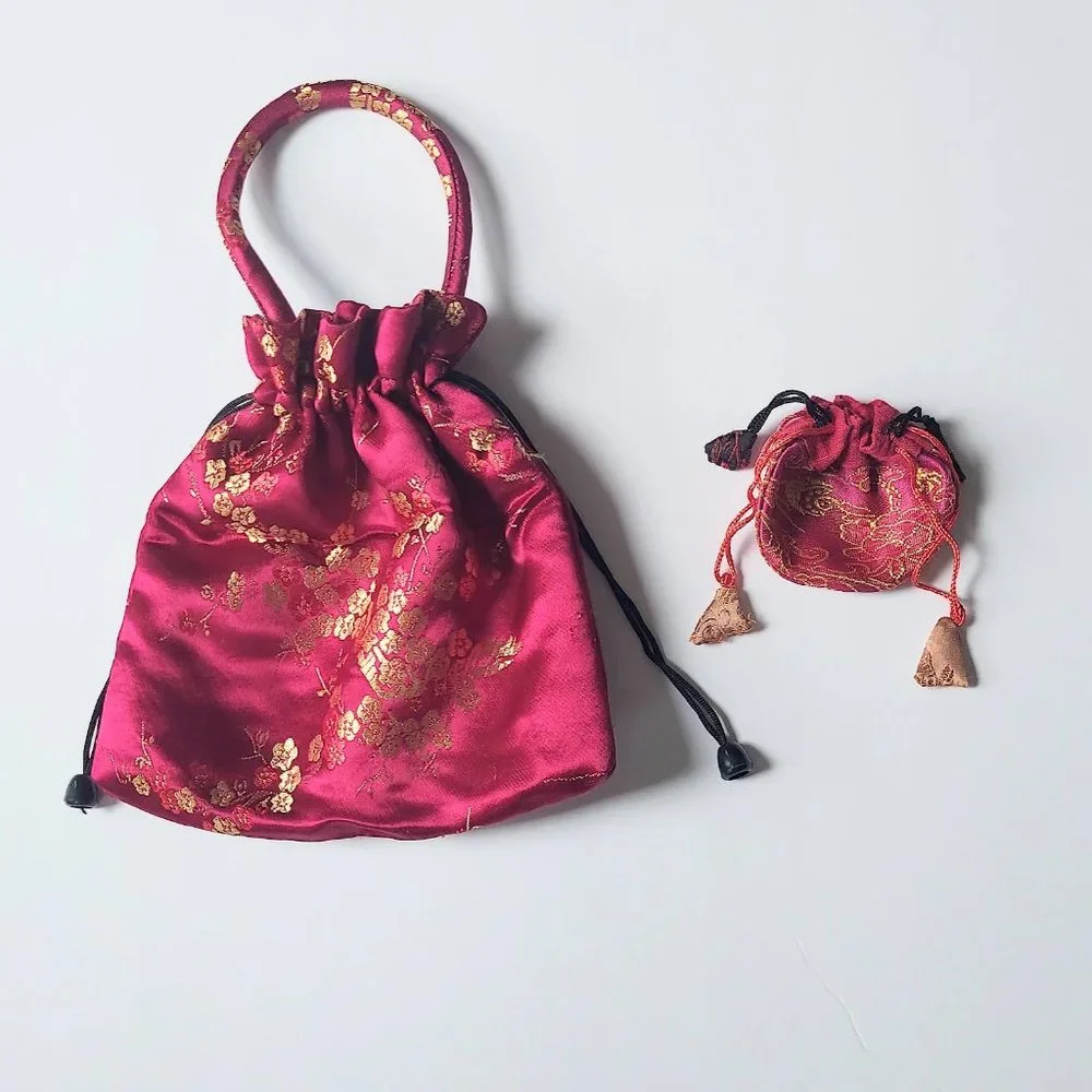 Fuchsia Oriental Handled Drawstring Satin Bag Matching Coin Purse